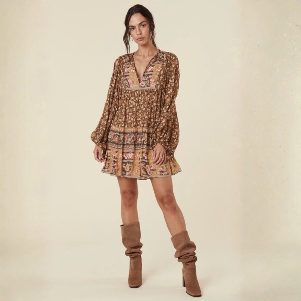 Spell Madame Peacock Boho Mini Dress Brown Floral Paisley Long Sleeve Size Small